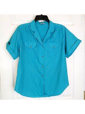 VTG Nordstrom Town Square Sz 14 Short Sleeve Blouse Shirt Aqua Pocket #D-23